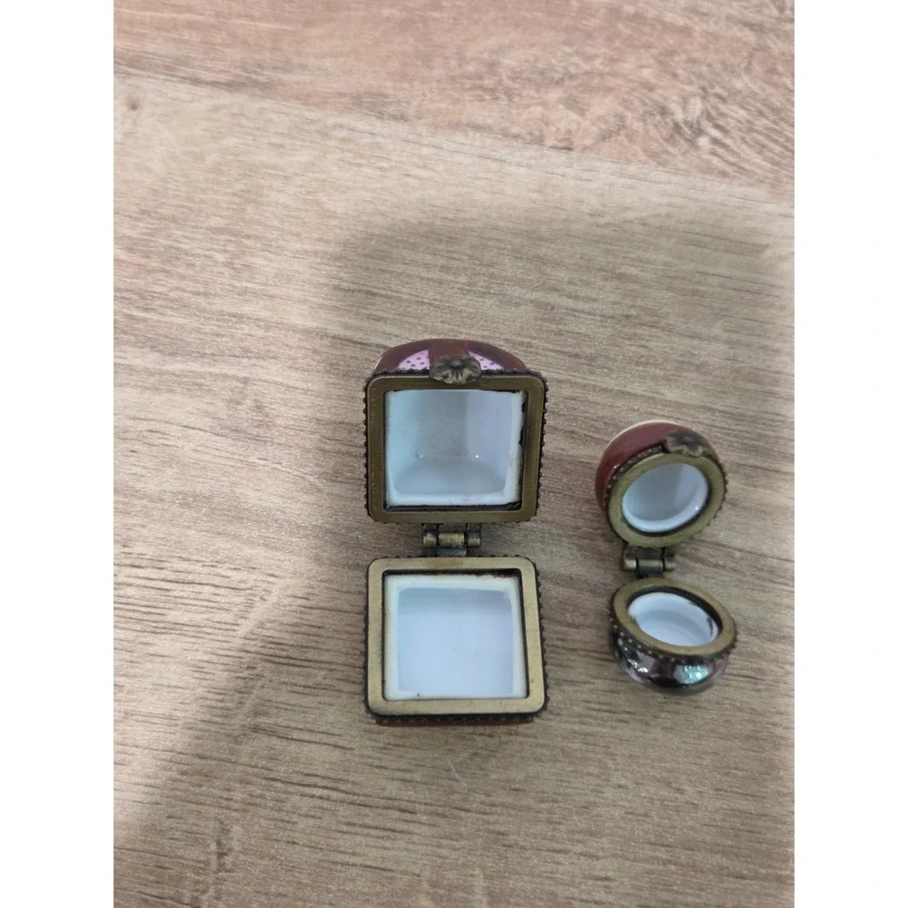 Vintage CBK Ltd Pair of Hinged Porcelain Trinket Boxes Red White 1''